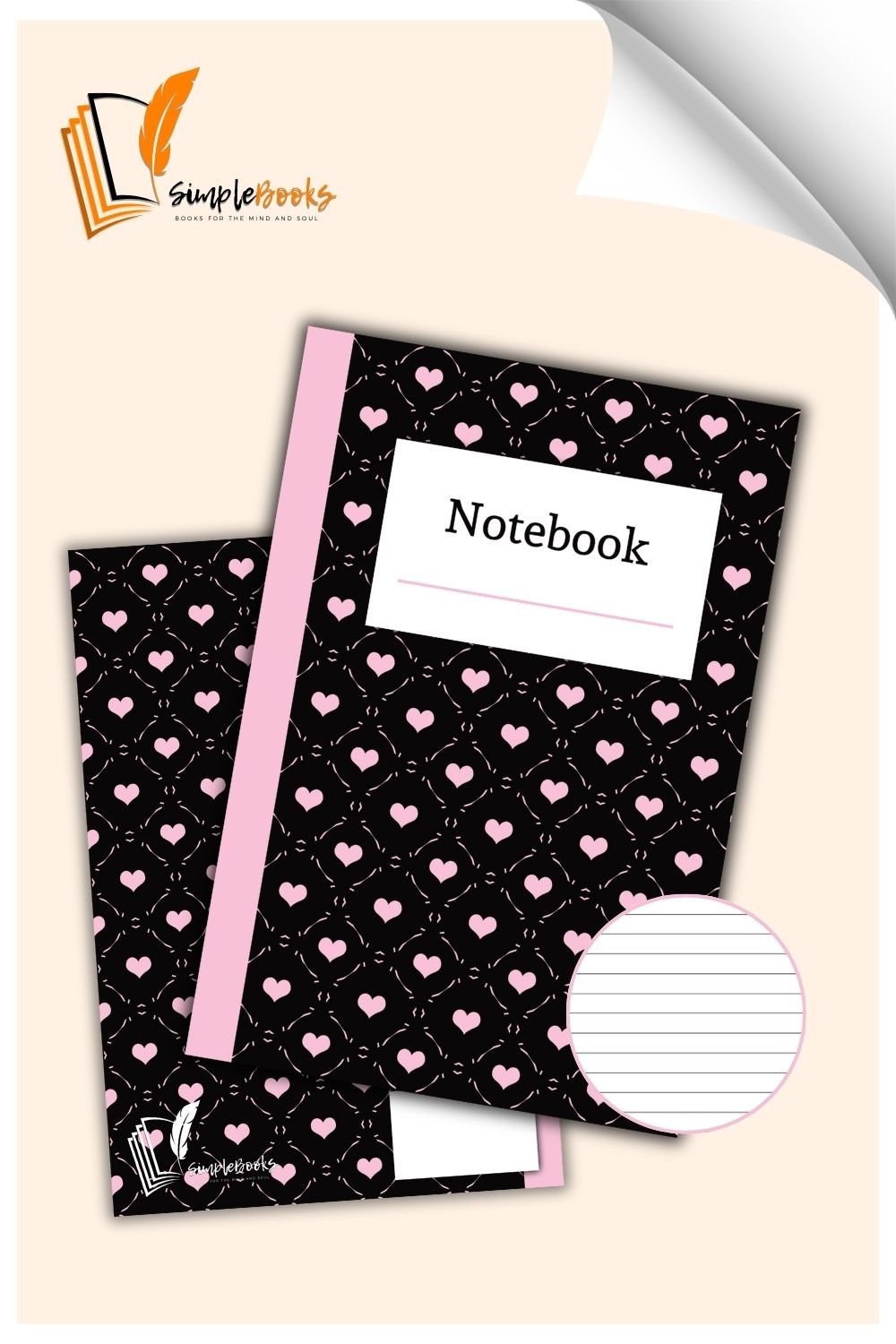 Pink Hearts in Black Notebook_Simplebooks